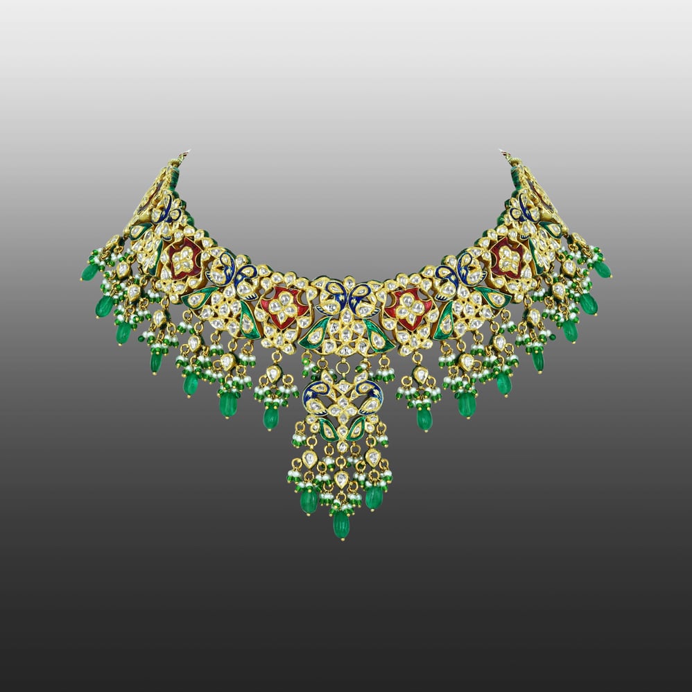 Floral Polki Necklace with Emerald Drops and Enamel